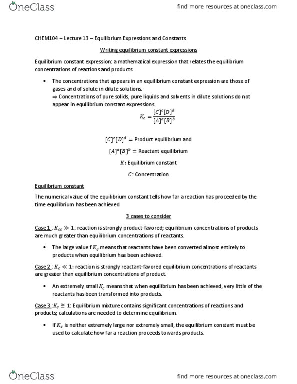 CHEM 104 Lecture Notes - Lecture 13: Equilibrium Constant, Reagent, Le Chatelier'S Principle thumbnail