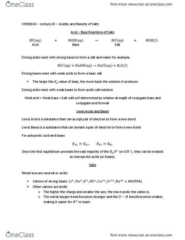 CHEM 104 Lecture Notes - Lecture 20: Conjugate Acid, Weak Base, Ion thumbnail