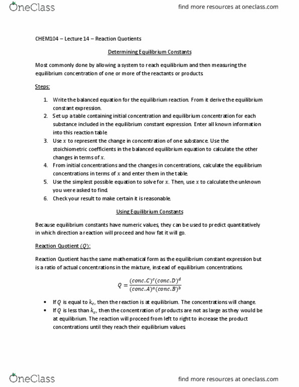CHEM 104 Lecture Notes - Lecture 14: Reaction Quotient, Equilibrium Constant thumbnail