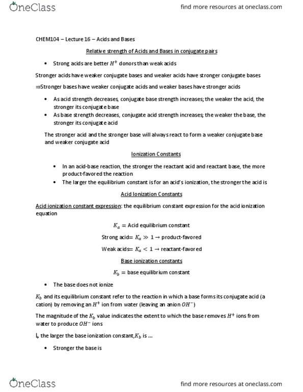 CHEM 104 Lecture Notes - Lecture 16: Conjugate Acid, Equilibrium Constant, Ion thumbnail