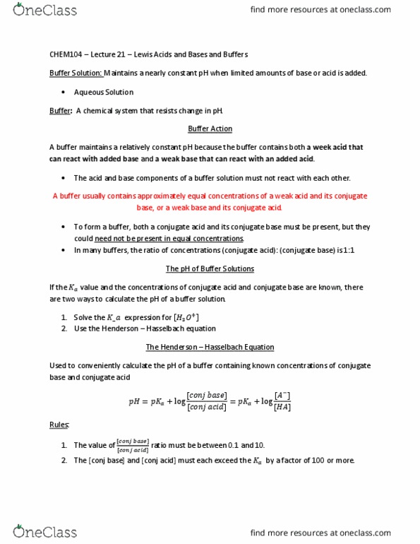 CHEM 104 Lecture Notes - Lecture 21: Buffer Solution, Conjugate Acid, Weak Base thumbnail