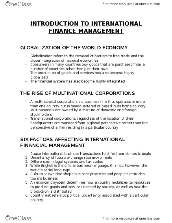Management and Organizational Studies 1023A/B Lecture Notes - Lecture 1: Multinational Corporation, Country Risk, Managerial Finance thumbnail
