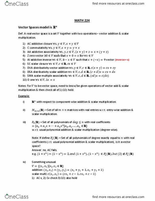MAT224H1 Lecture Notes - Lecture 1: Scalar Multiplication, Euclidean Vector, Additive Inverse thumbnail