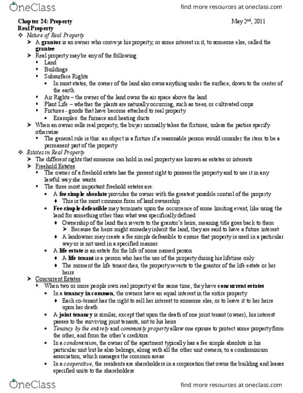 QST LA 245 Chapter Notes - Chapter 24: Fee Simple, Implied Warranty, Life Estate thumbnail