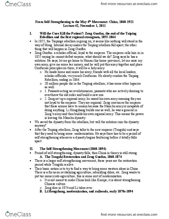 CGS SS 201 Lecture Notes - Lecture 2: Zeng Guofan, Li Hongzhang, May Fourth Movement thumbnail