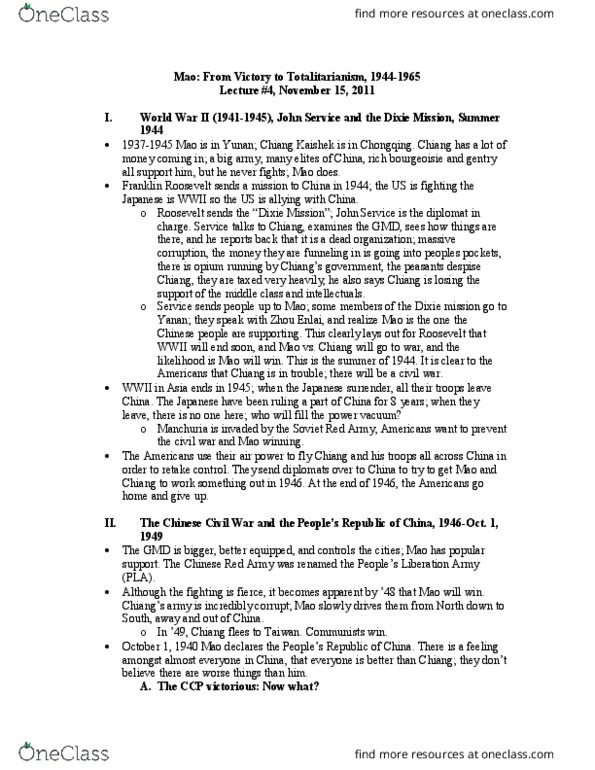 CGS SS 201 Lecture Notes - Lecture 4: Dixie Mission, Zhou Enlai, Franklin D. Roosevelt thumbnail