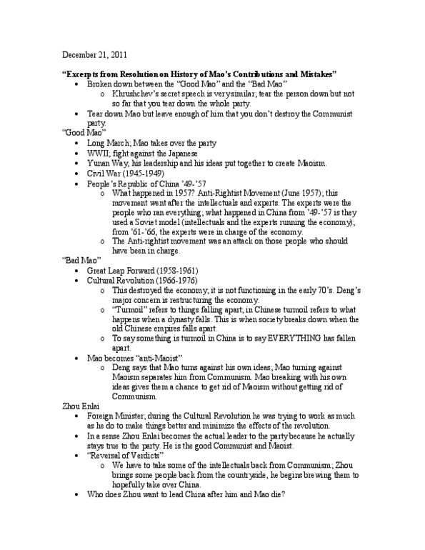 CGS SS 201 Chapter Notes - Chapter China: Maoism, Deng Xiaoping, Judith Shapiro thumbnail