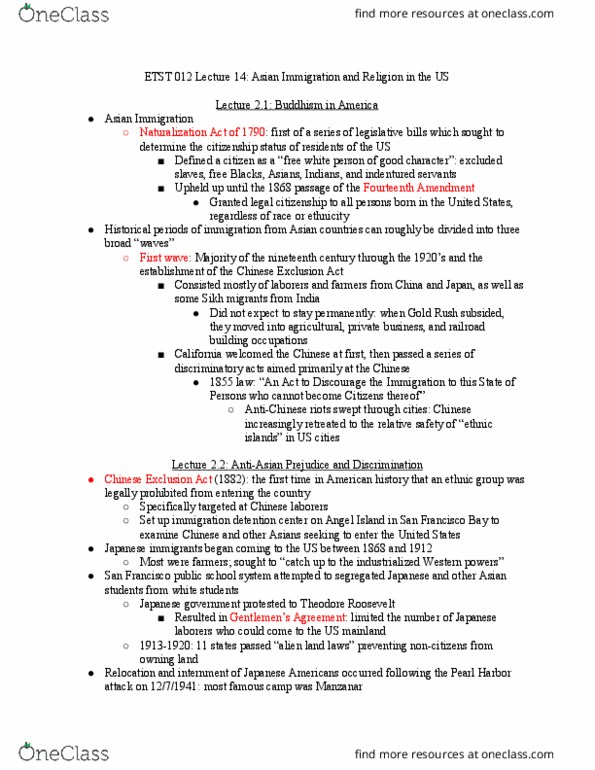 ETST 012 Lecture Notes - Lecture 14: Alien Land Laws, Immigration Act Of 1924, Chinese Buddhism thumbnail