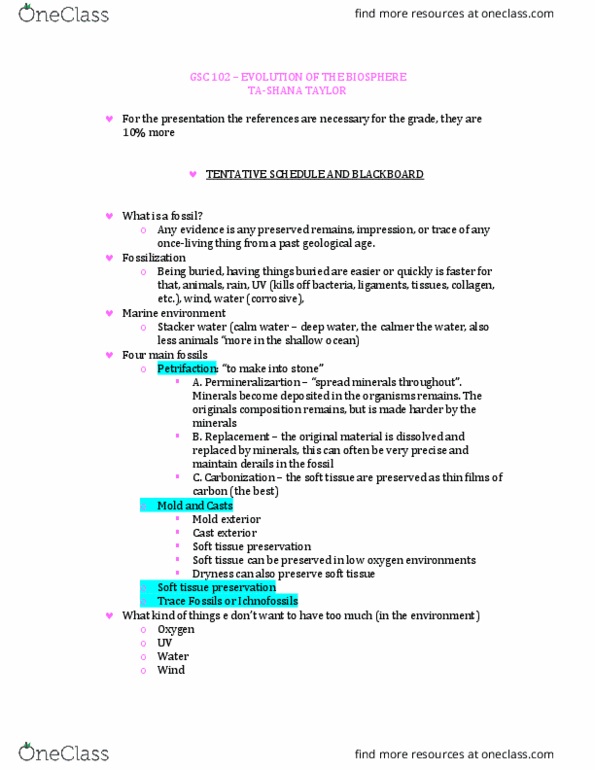 GSC 102 Lecture Notes - Lecture 1: Petrifaction, Soft Tissue, Ocean thumbnail