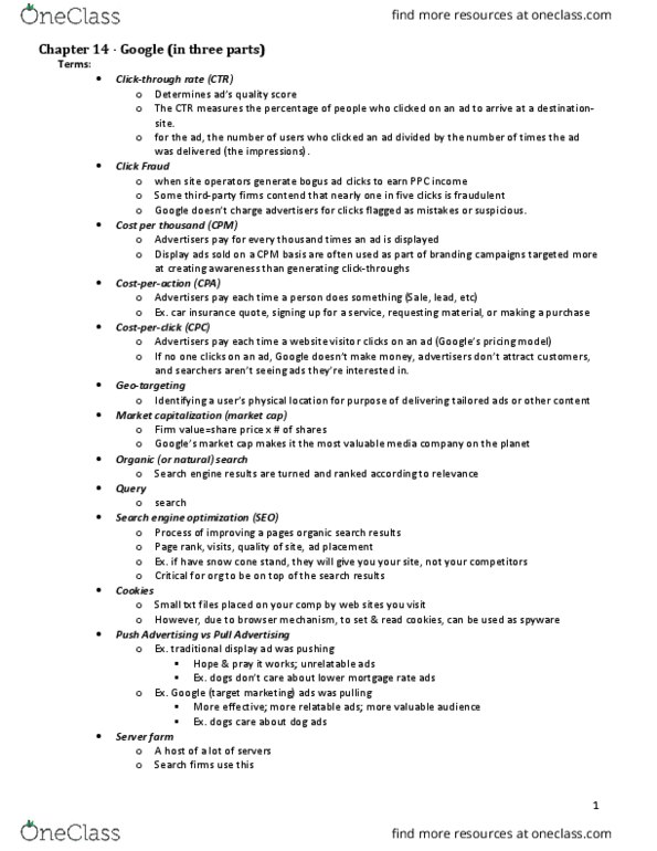 MIS 302 Chapter Notes - Chapter 14: Adsense, Adwords, Search Engine Optimization thumbnail