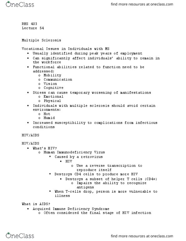 RHS 403 Lecture Notes - Lecture 54: Reverse Transcriptase, Aids, Retrovirus thumbnail