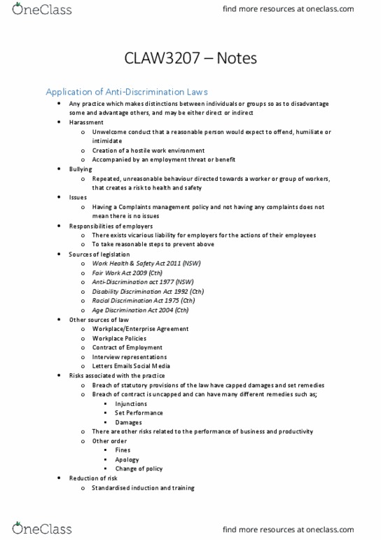 CLAW3207 Lecture Notes - Lecture 1: Employment Discrimination, Lysaght (Australian Company), Disability Discrimination Act 1992 thumbnail