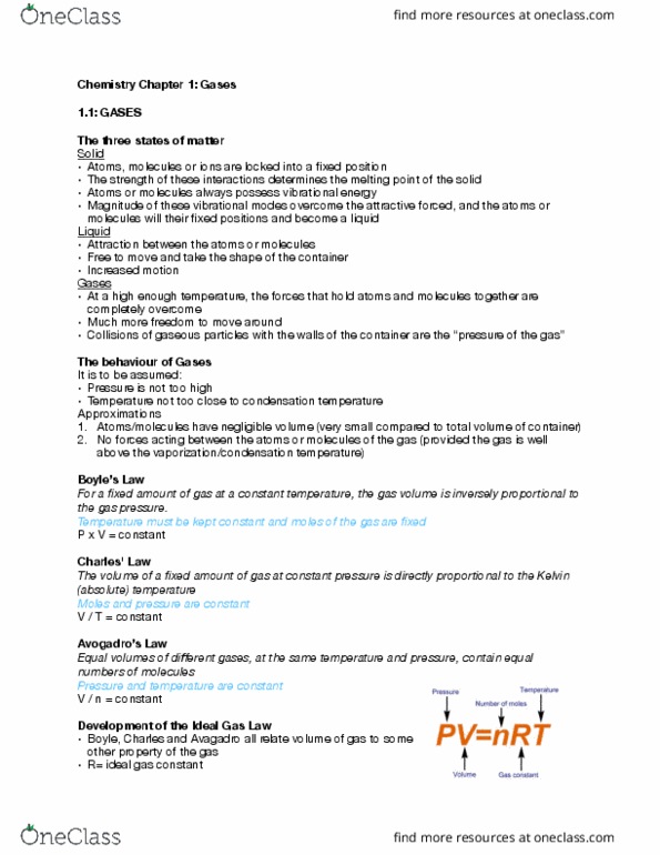 Chemistry 1302A/B Chapter Notes - Chapter 1: Boiling Point, Partial Pressure, Kinetic Theory Of Gases thumbnail