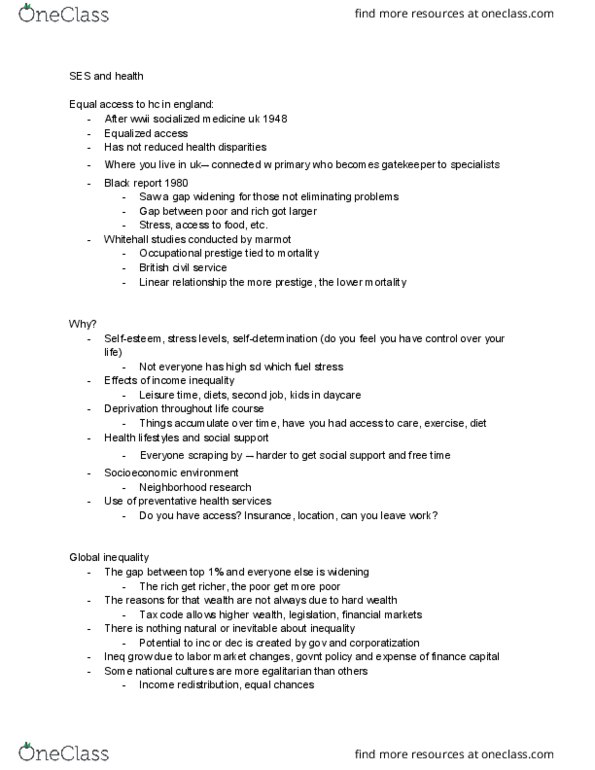 SOC 322LEC Lecture Notes - Lecture 5: Whitehall Study, Socialized Medicine, Redistribution Of Income And Wealth thumbnail