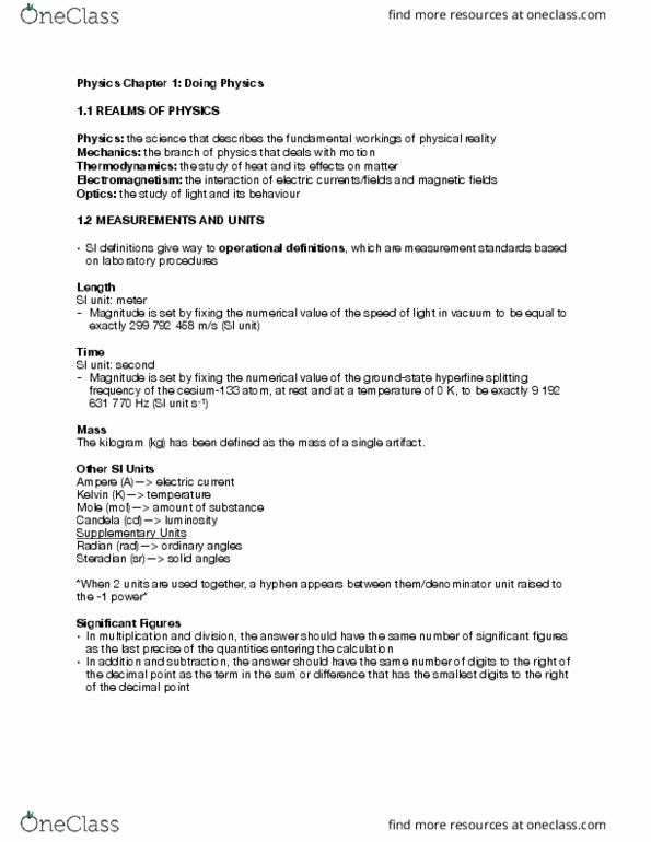 Physics 1301A/B Lecture Notes - Lecture 1: Kilogram, Decimal Mark, Steradian thumbnail