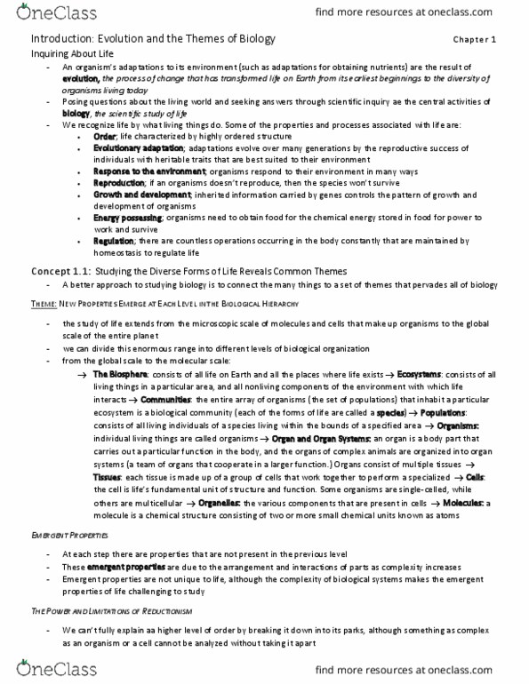 BIO152H5 Chapter Notes - Chapter 1: Emergence, Archaea, Reductionism thumbnail