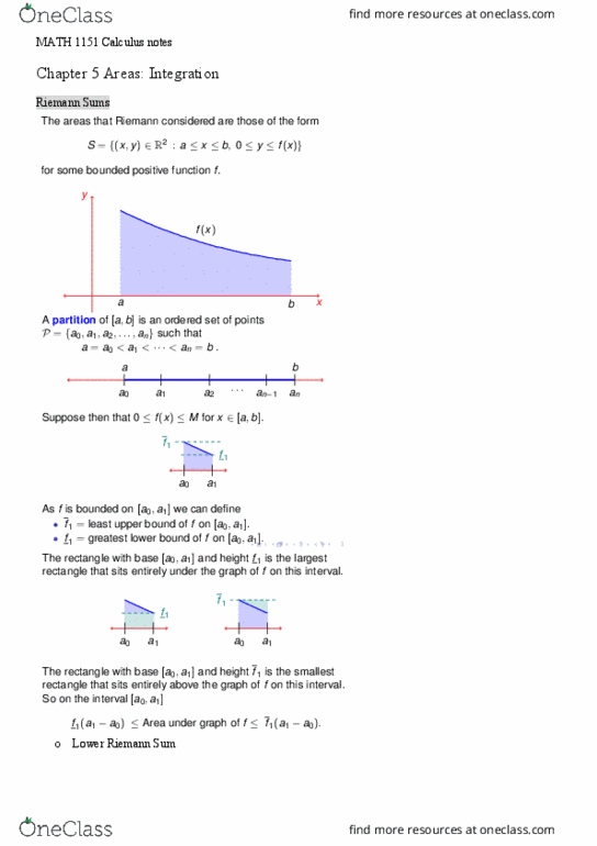MATH1151 Chapter Notes - Chapter 5: Riemann Integral, Riemann Sum thumbnail