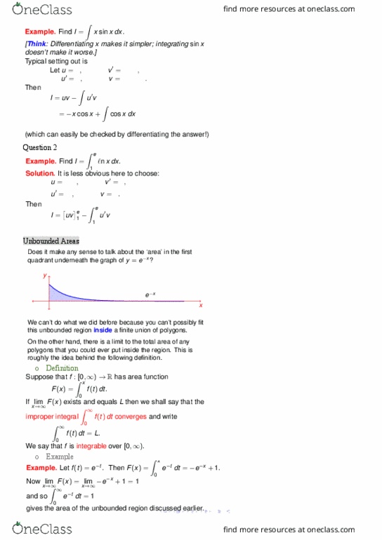 MATH1151 Chapter Notes - Chapter 5: Improper Integral, Upper And Lower Bounds thumbnail