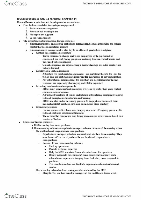 IBUS3309 Chapter Notes - Chapter 14: Organizational Behavior, Performance Management, Human Capital thumbnail