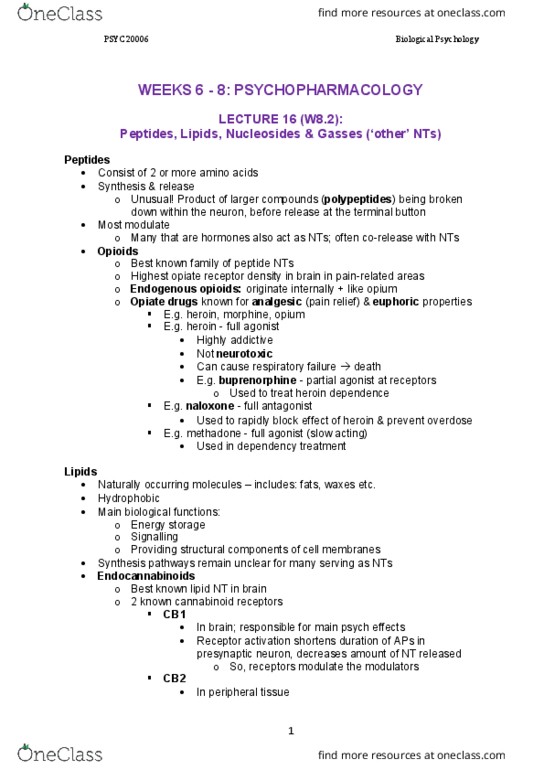 PSYC20006 Lecture Notes - Lecture 16: Naloxone, Buprenorphine, Methadone thumbnail