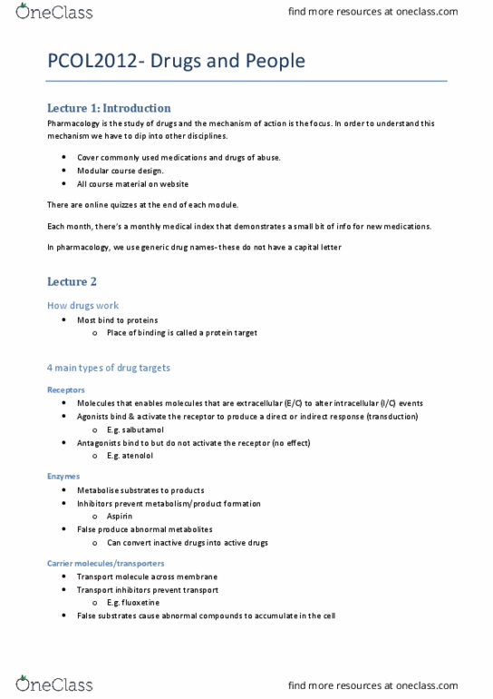 PCOL2012 Lecture Notes - Lecture 1: Glycoprotein, Ligand-Gated Ion Channel, Cell Adhesion thumbnail