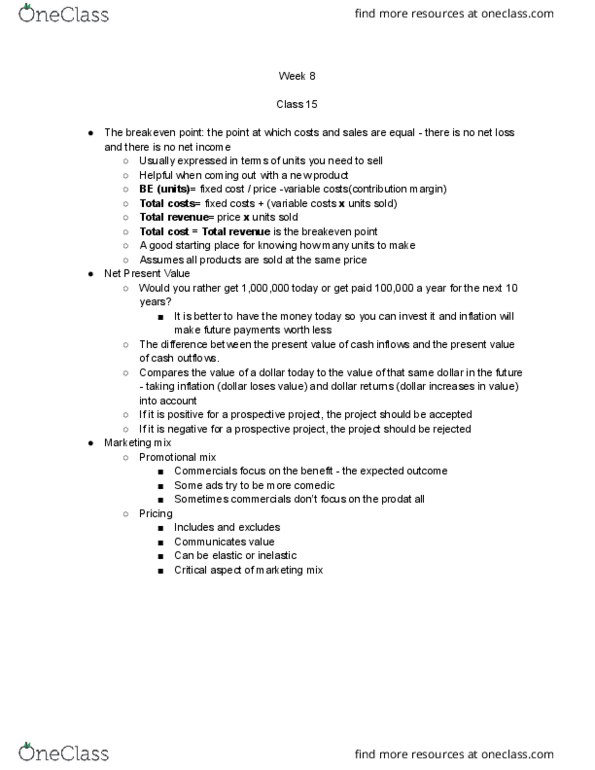 BA 101 Lecture Notes - Lecture 8: Net Present Value, Fixed Cost, Promotional Mix thumbnail