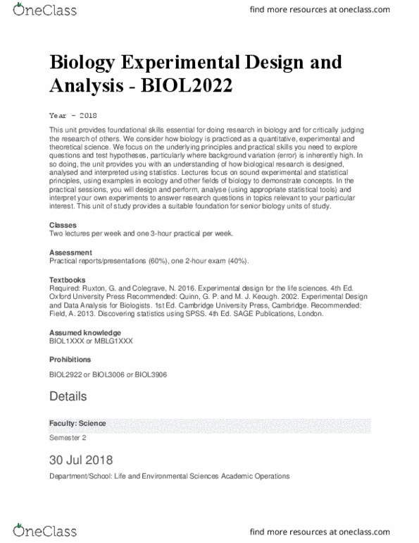 BIOL2022 Lecture Notes - Lecture 1: Sage Publications, Design Of Experiments thumbnail