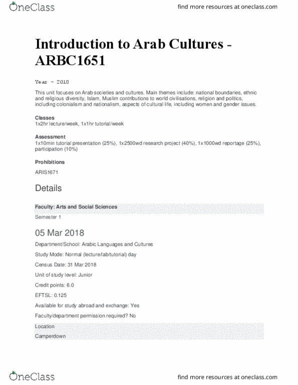 ARBC1651 Lecture 1: ARBC1651 Introduction Notes thumbnail