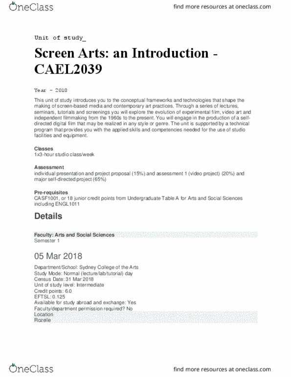 CAEL2039 Lecture Notes - Lecture 1: Sydney Grammar School, Experimental Film, Video Art thumbnail