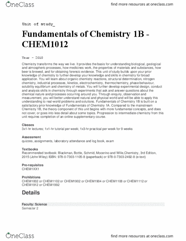 CHEM1012 Lecture Notes - Lecture 1: International Standard Book Number, Organic Chemistry, Solubility Equilibrium thumbnail