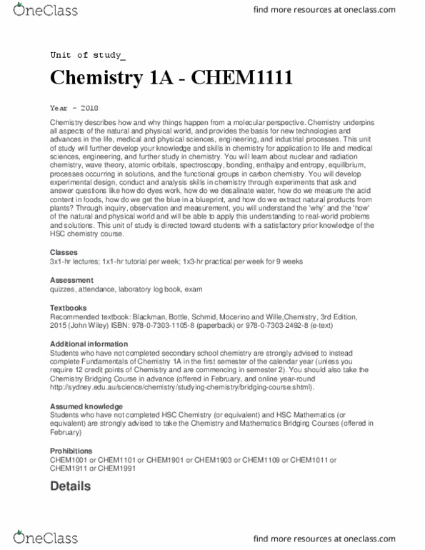 CHEM1111 Lecture Notes - Lecture 1: International Standard Book Number, Radiation Chemistry thumbnail