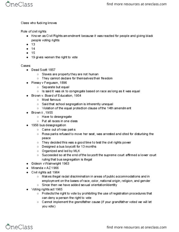 POLS 101 Lecture Notes - Lecture 11: Norma Mccorvey, Fourteenth Amendment To The United States Constitution, Equal Protection Clause thumbnail