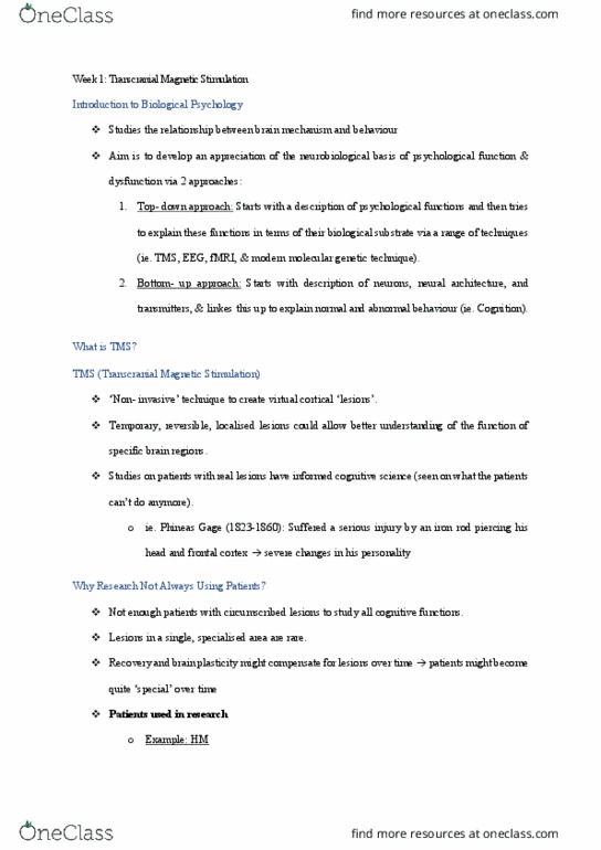 PSYC20006 Lecture Notes - Lecture 1: Frontal Lobe, Anterograde Amnesia, Amygdala thumbnail