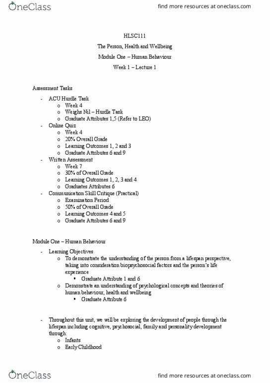 HLSC111 Lecture Notes - Lecture 1: Lev Vygotsky, Biopsychosocial Model, Psychosexual Development thumbnail
