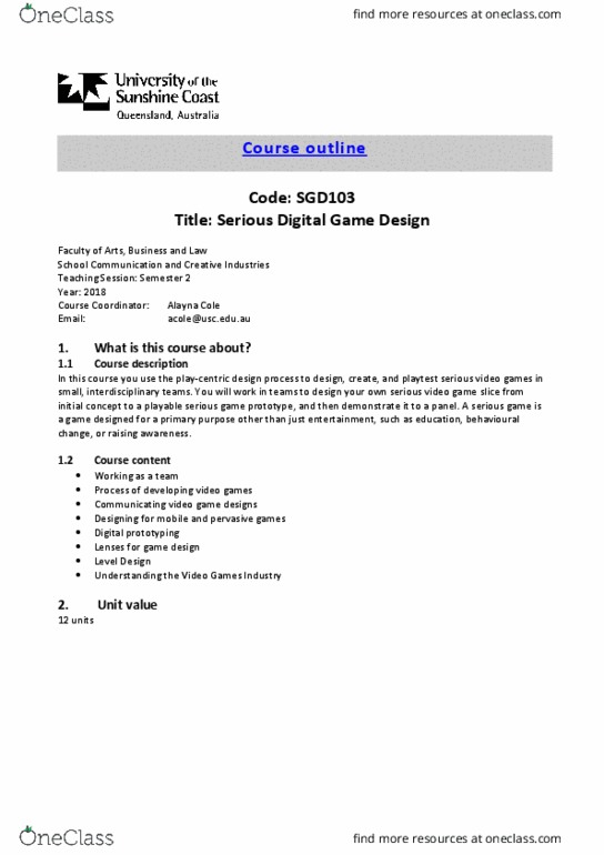SGD103 Lecture Notes - Lecture 1: Game Design Document, Project Plan, Final Grades thumbnail
