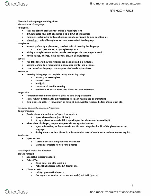 PSYCH211 Lecture Notes - Lecture 9: Frontal Lobe, Speech Perception, Agraphia thumbnail