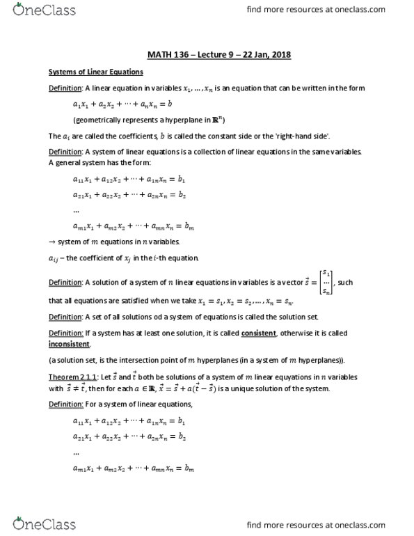 MATH136 Lecture Notes - Lecture 9: Hyperplane, Solution Set, Coefficient Matrix thumbnail