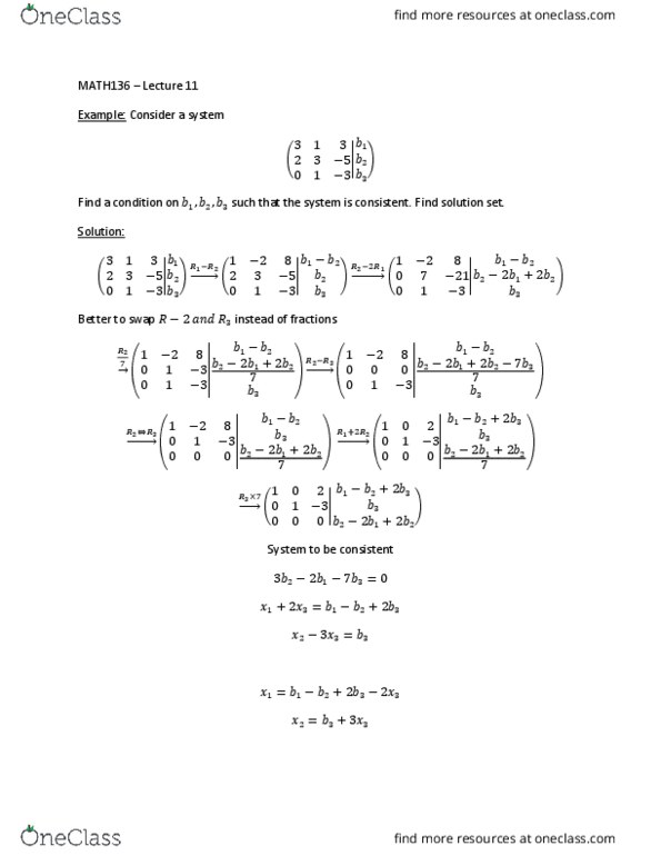 MATH136 Lecture Notes - Lecture 11: Row Echelon Form, Linear Independence, Solution Set thumbnail