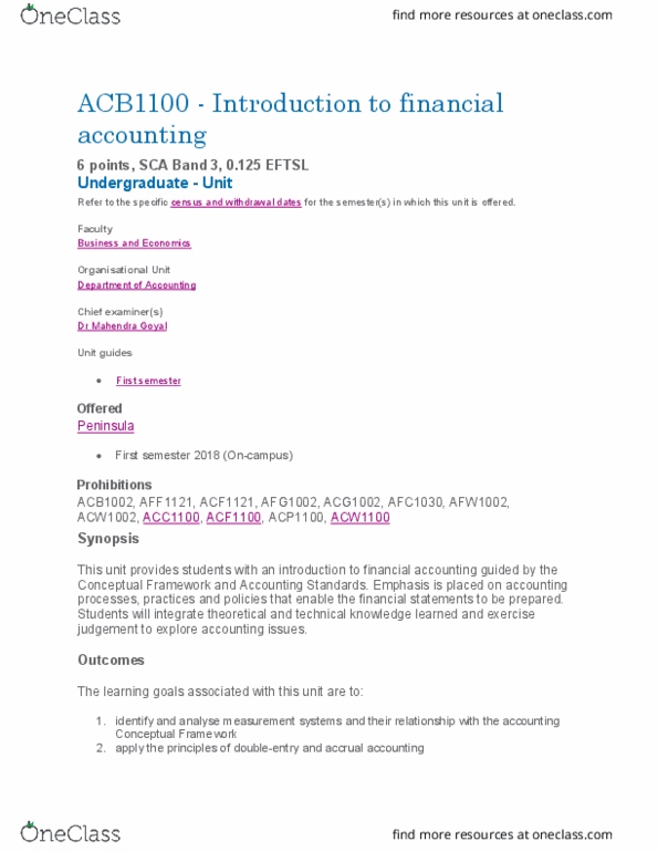 ACB1100 Lecture Notes - Lecture 1: Financial Statement thumbnail