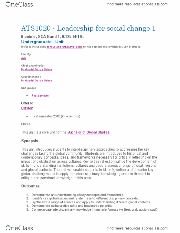 ATS1020 Lecture 1: ATS1020 - Leadership for social change 1 Introduction Notes thumbnail