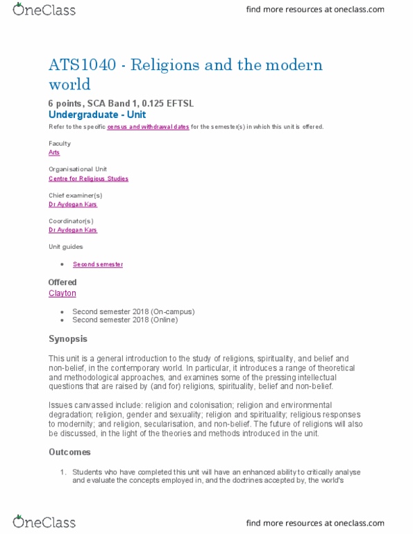 ATS1040 Lecture 1: ATS1040 - Religions and the modern world Introduction Notes thumbnail