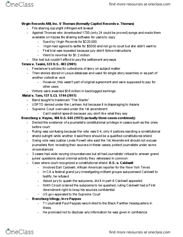 JOUR 302 Lecture Notes - Lecture 12: Lanham Act, Federal Reporter, Stored Communications Act thumbnail