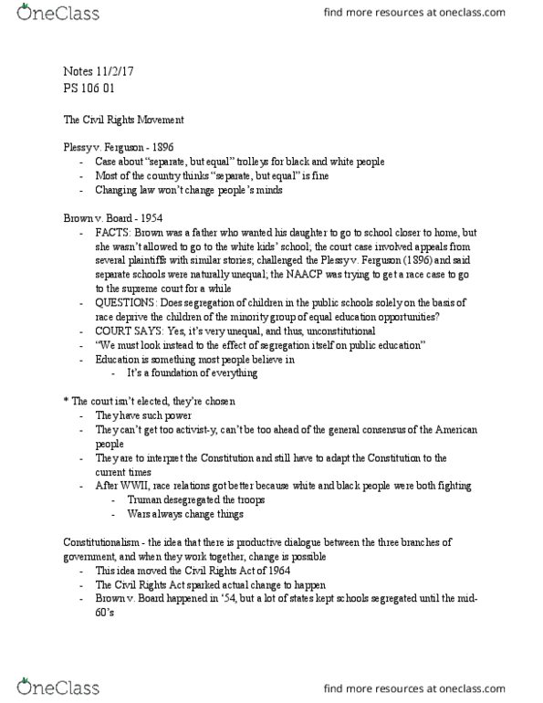 PS 106 Lecture Notes - Lecture 14: Voting Rights Act Of 1965, Constitutionalism thumbnail