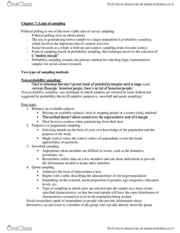 SOCI 211 Chapter Notes - Chapter 7: Statistical Inference, Cluster Sampling, Simple Random Sample thumbnail