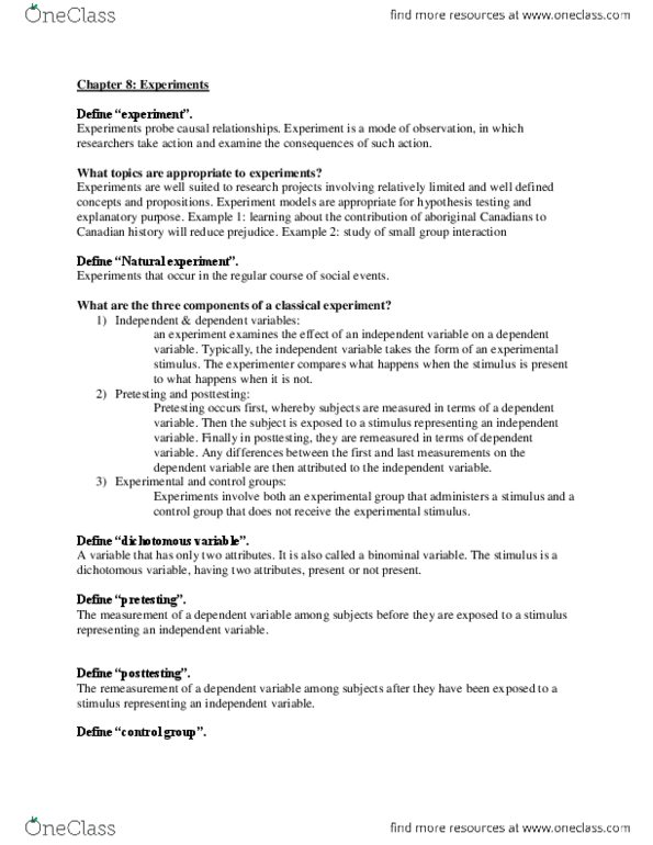 SOCI 211 Chapter Notes - Chapter 8: Internal Validity, Artificiality, Experiment thumbnail