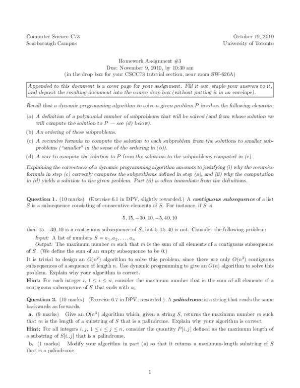 CSCC73H3 Lecture Notes - Dynamic Programming, Substring, Subsequence thumbnail