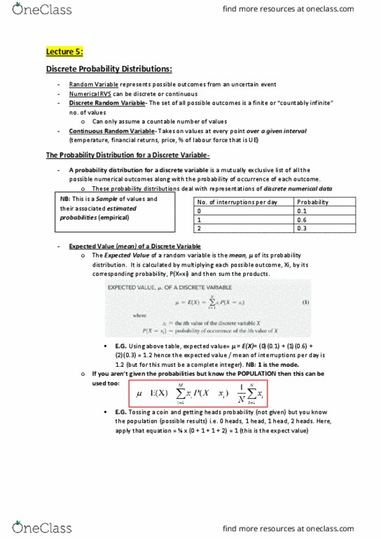 BUSS1020 Lecture Notes - Lecture 5: Standard Deviation, Random Variable, Countable Set thumbnail