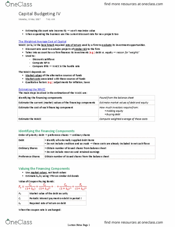 FNCE20001 Lecture Notes - Lecture 16: Net Present Value, Retained Earnings, Weighted Arithmetic Mean thumbnail