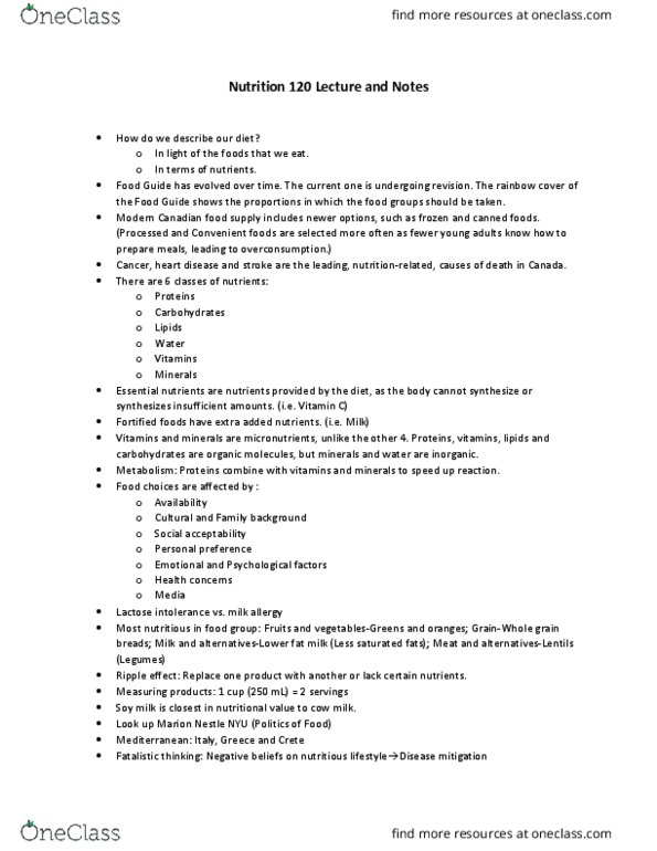 NUTR 120 Lecture 1: Nutrition 120 Lecture Notes - Until Midterm 1 thumbnail