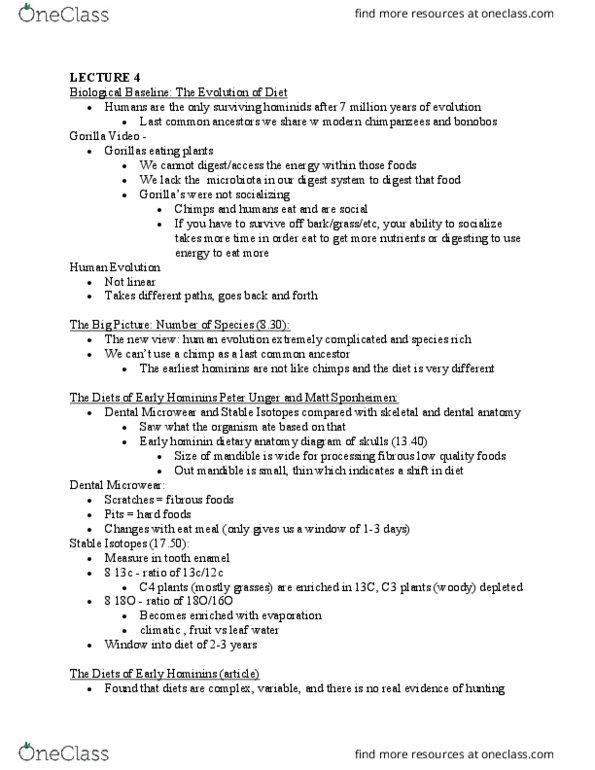 ANTH 220 Lecture Notes - Lecture 4: Mongongo, Peter Unger, Oxygen-18 thumbnail